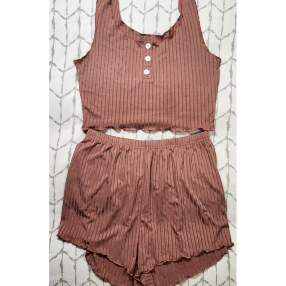 Women Small Pink Ribbed 2-Piece Set Crop Tank & High Waist Shorts Stretch Lounge